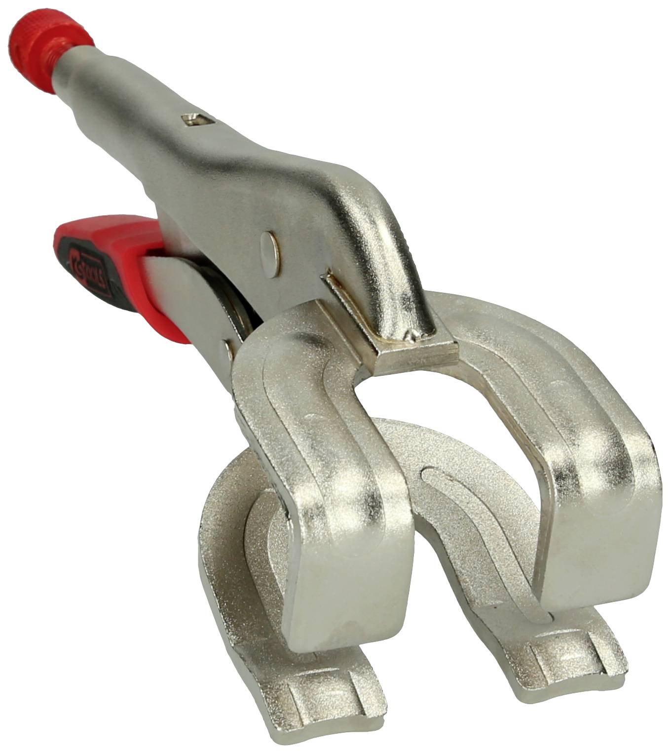 Metallzwinge mit rotem Griff, geeignet zum Halten oder Sichern von Werkstücken. Ideal für handwerkliche Arbeiten und Reparaturen.