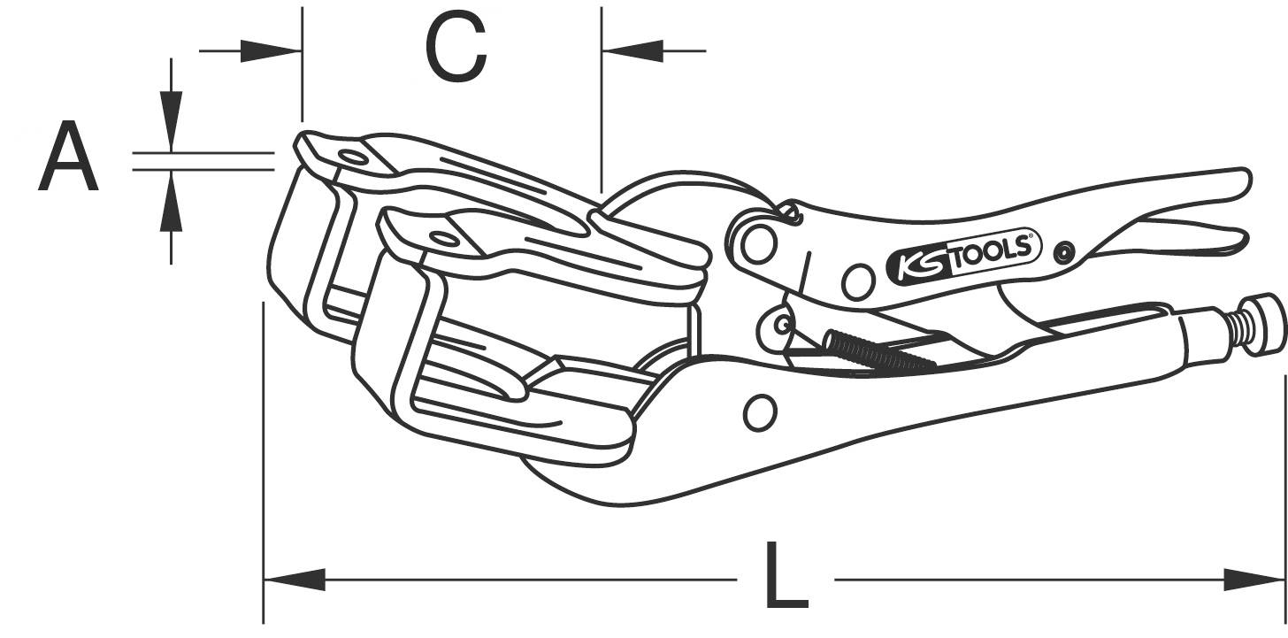 Illustration einer Klemmzange mit den Maßen A, C und L, von der Marke dargestellt. Verwendet zum sicheren Greifen und Halten von Materialien.
