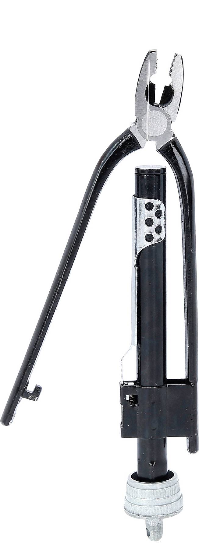 Eine schwarze Fahrradluftpumpe mit integriertem Reifenheber und silbernem Griff ist abgebildet.