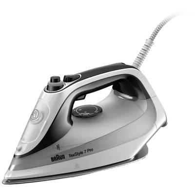 Ein graues und schwarzes Dampfbügeleisen mit mehreren Reglern und einem ergonomischen Griff.