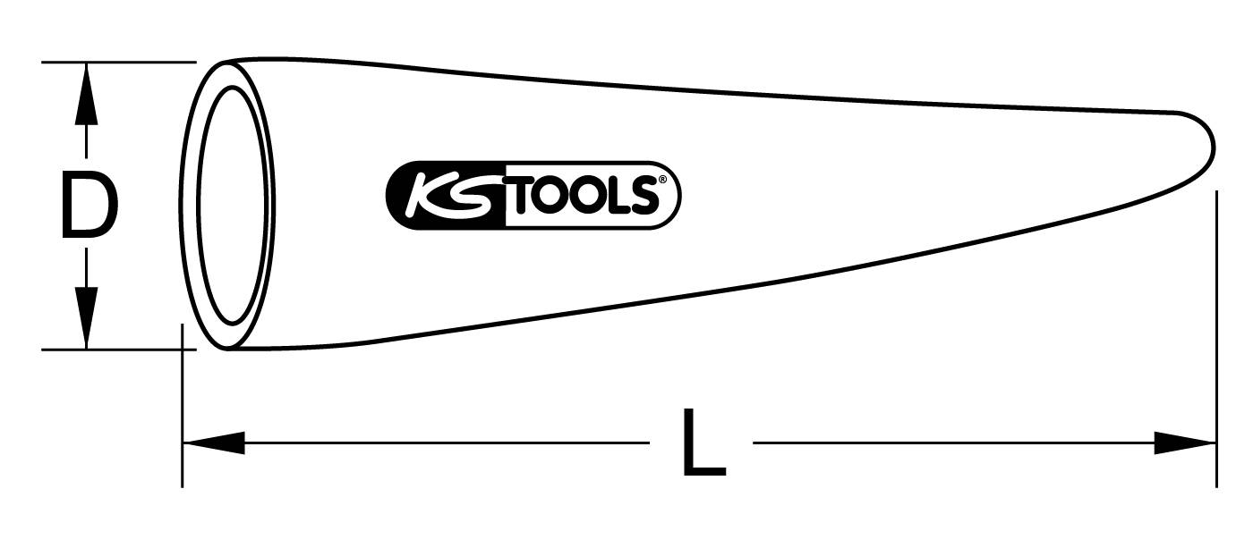 Technische Zeichnung eines kegelförmigen Werkzeugs mit der Aufschrift 'KS TOOLS', markiert mit den Maßen 'D' und 'L'.