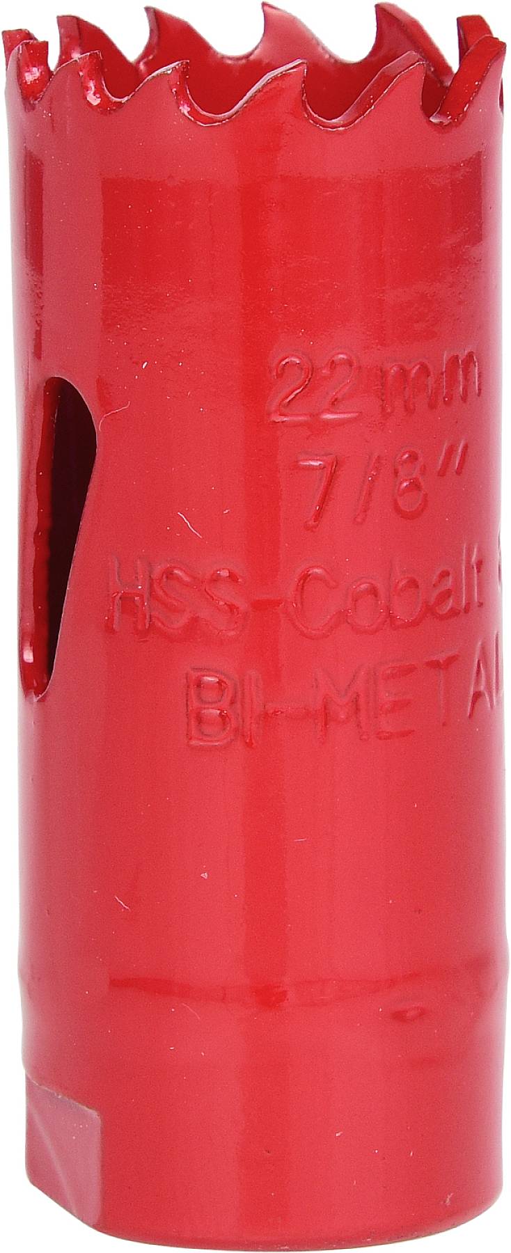 Rote Lochsäge mit der Aufschrift '22 mm 7/8" HSS-Cobalt BI-METAL', geeignet für Bohrarbeiten in verschiedenen Materialien.