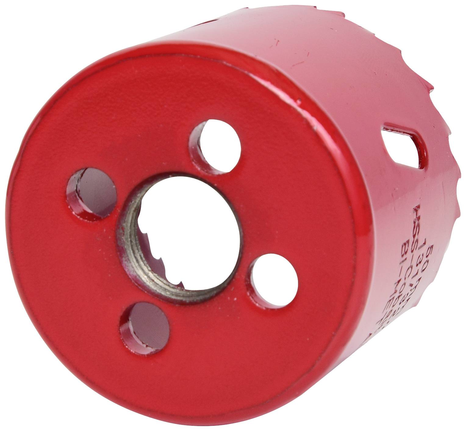 Roter Lochsägebohrer mit vier Löchern. Hauptsächlich verwendet, um kreisförmige Löcher in Materialien wie Holz oder Metall zu schneiden.