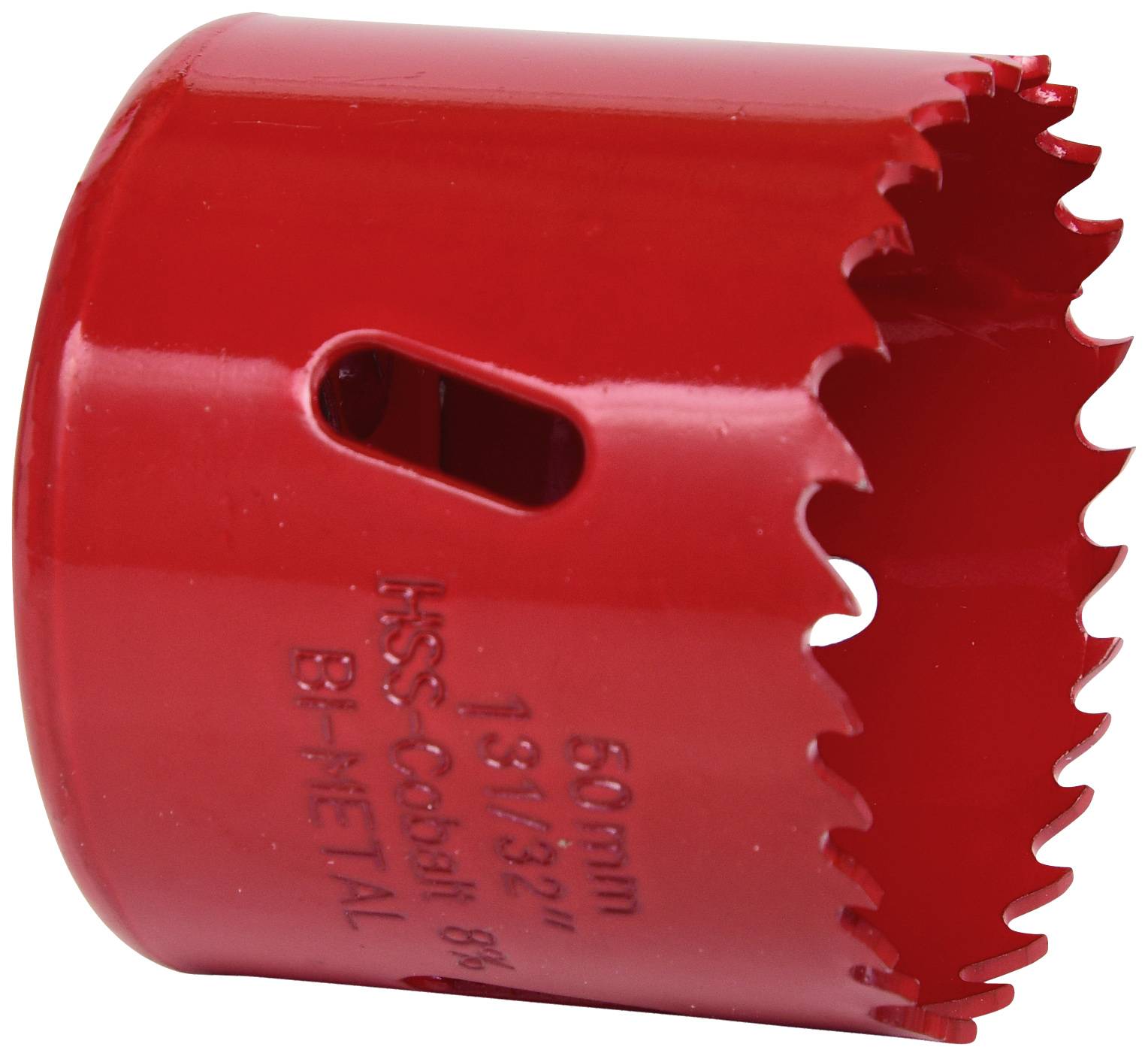 Rotes Lochsägeblatt mit gezacktem Rand, seitlicher Öffnung und aufgedruckten Maßen: 60 mm, 2 3/8", HSS Cobalt bimetallisch.