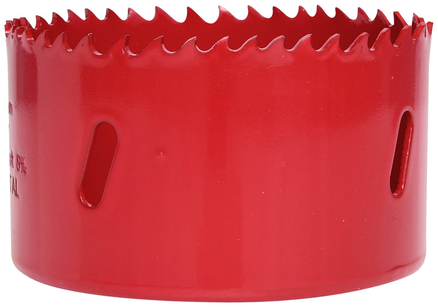 Roter Metall-Lochsägeaufsatz mit zahnartigen Kanten, verwendet zum Schneiden runder Öffnungen in Materialien.