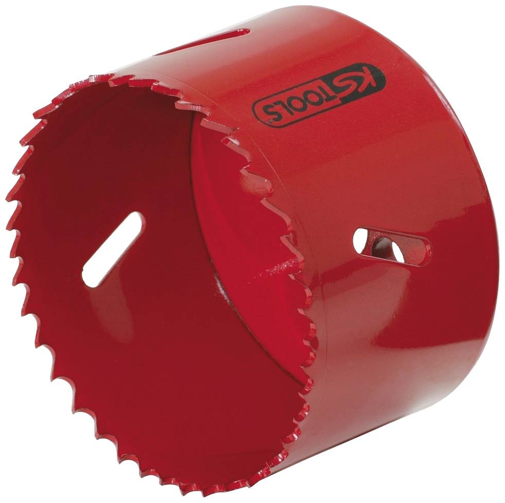 Roter Lochsägeaufsatz mit gezahntem Rand, geeignet für Holz- und Metallbohrungen, markiert mit einem Logo auf der Seite.