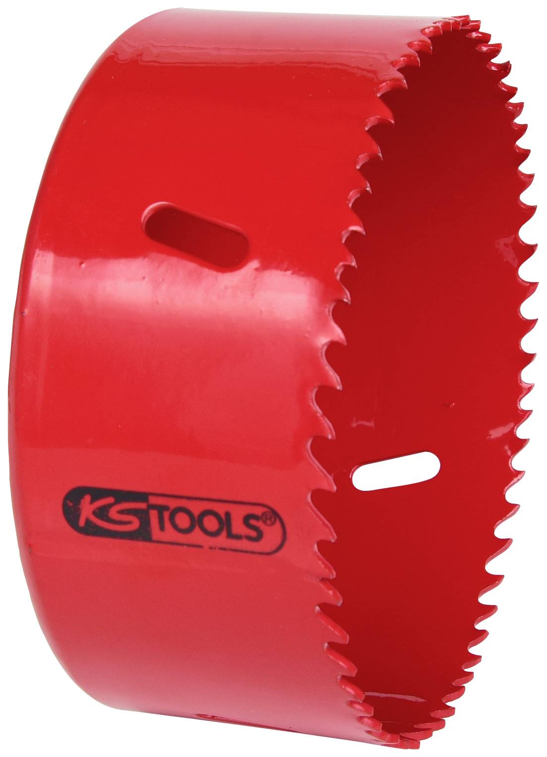 Rote Lochsäge mit gezacktem Rand, Markenlogo 'KS Tools' auf der Seite. Verwenden für Metall- und Holzbohrarbeiten.
