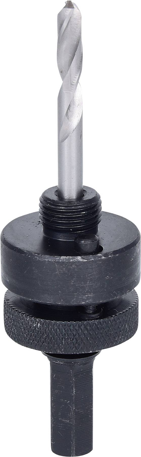 Bohraufsatz mit Metallbohrer, Halterung und Sechskantschaft. Wird zum Schneiden kreisförmiger Öffnungen in Materialien verwendet.