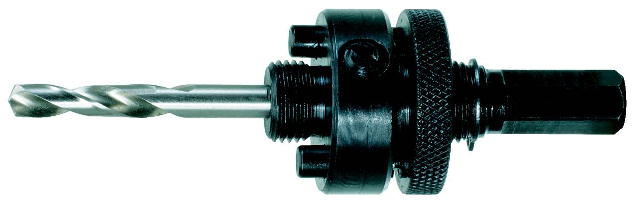 Ein schwarzer Bohrkopfaufsatz mit eingesetztem Spiralbohrer; geeignet für den Einsatz in Bohrmaschinen zum Bohren in verschiedene Materialien.