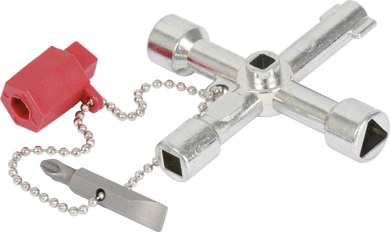 Ein silberner Vierkantschlüssel mit seitlich angebrachtem roten Adapter und kleinem Schraubendreher, verbunden durch eine Kette.