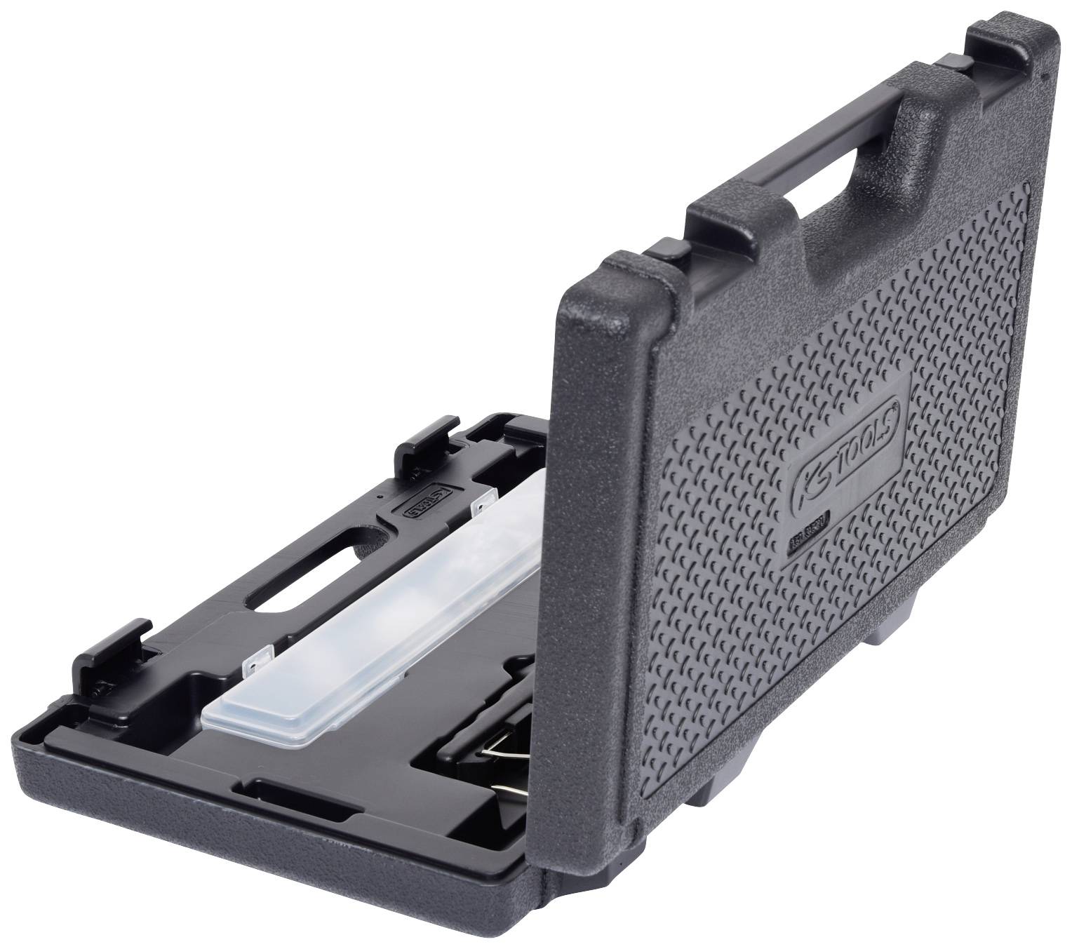 Schwarzer Kunststoffkoffer mit Tragegriff, leicht geöffnet. Enthält Fächer für Werkzeugaufbewahrung. Logo auf der Vorderseite eingeprägt.