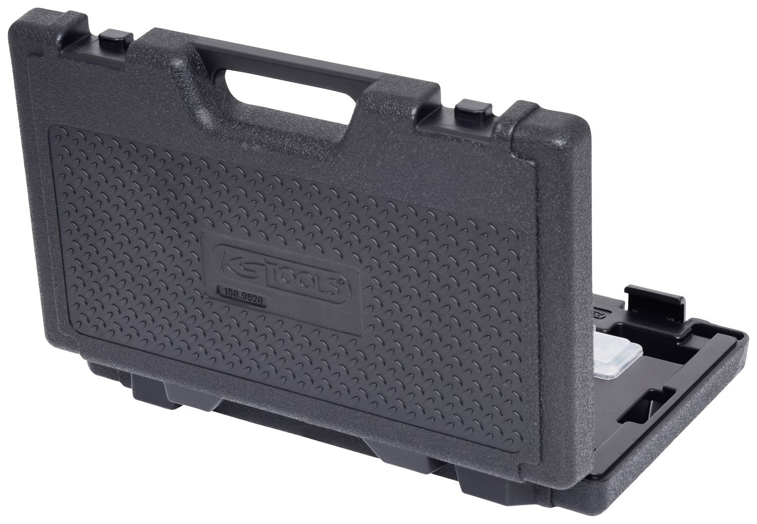 'Schwarzer Werkzeugkoffer aus Kunststoff mit Tragegriff, leicht geöffnet.'