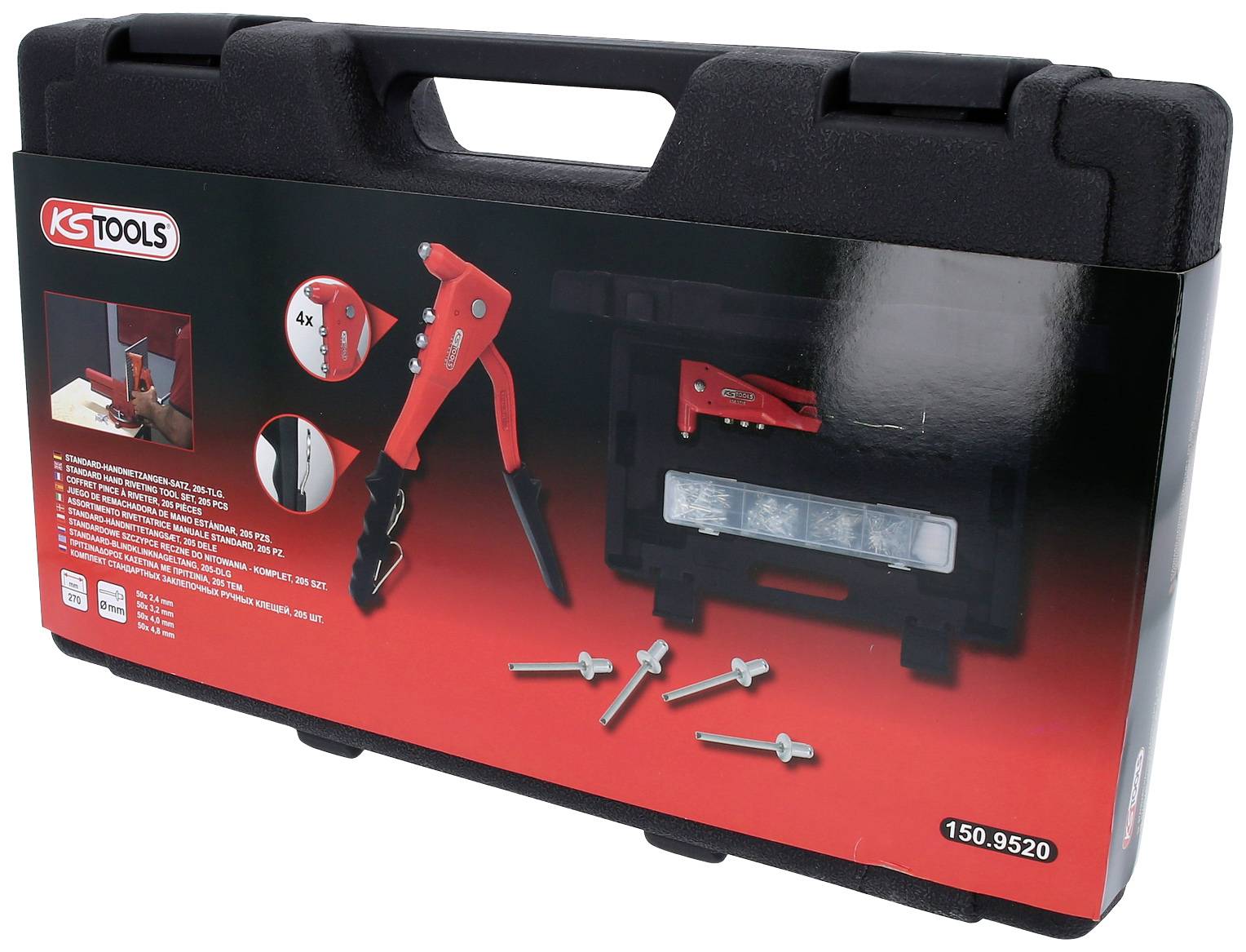 Ein schwarzer Koffer mit KS Tools-Logo, enthält ein Nietmuttern-Set und Werkzeuge. Auf der Verpackung sind Abbildungen der Werkzeuge.