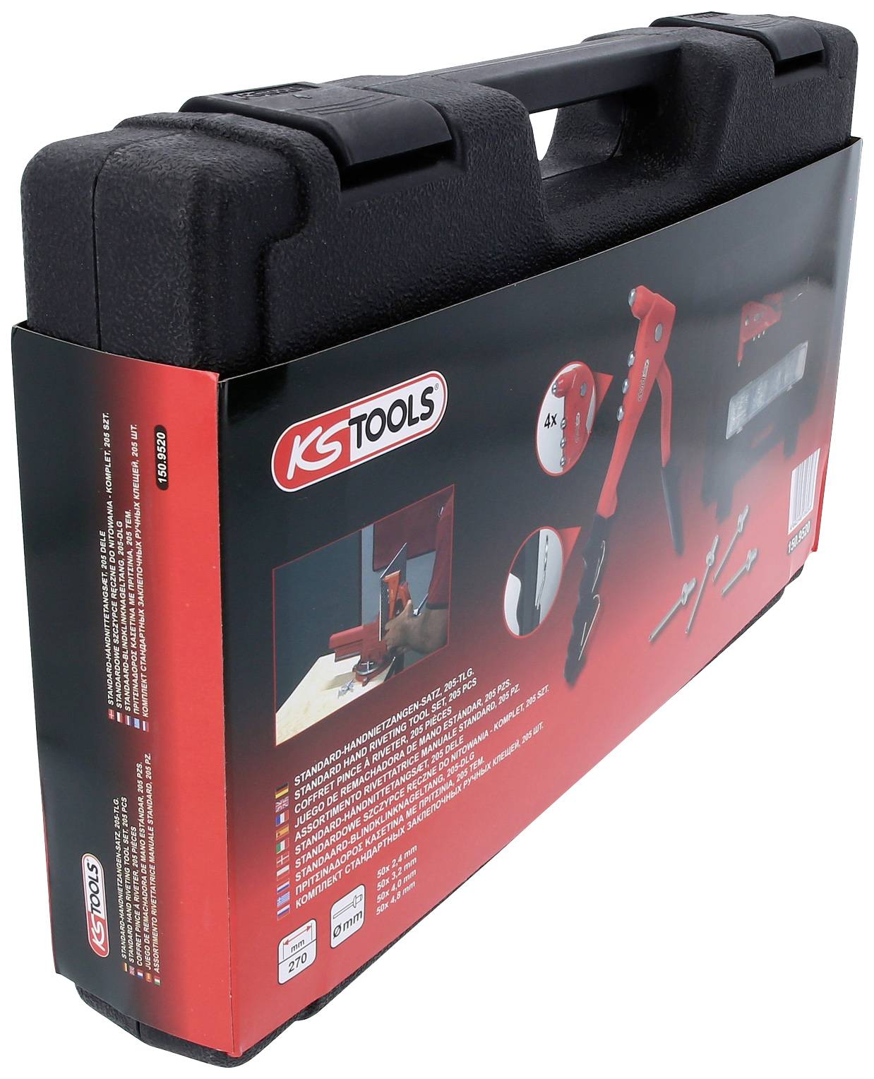 Koffer mit KS Tools-Logo, enthält verschiedene Werkzeuge. Koffer ist schwarz mit rotem Etikett.