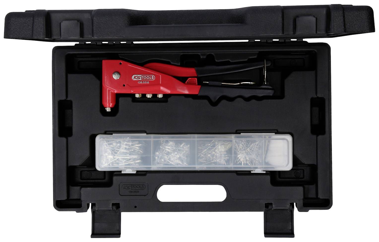Ein offener schwarzer Werkzeugkoffer enthält eine rote Nietzange und eine durchsichtige Box mit Nägeln.