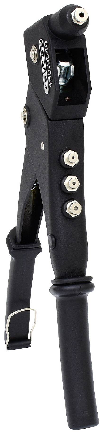 Eine schwarze Nietzange mit ergonomischem Griff, vier austauschbaren Düsen und einem sicheren Verschlusssystem.