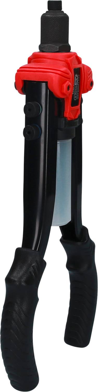 Eine schwarze Nietzange mit rotem Kopf und ergonomischen Griffen, verwendet zum sicheren Verbinden von Werkstücken.