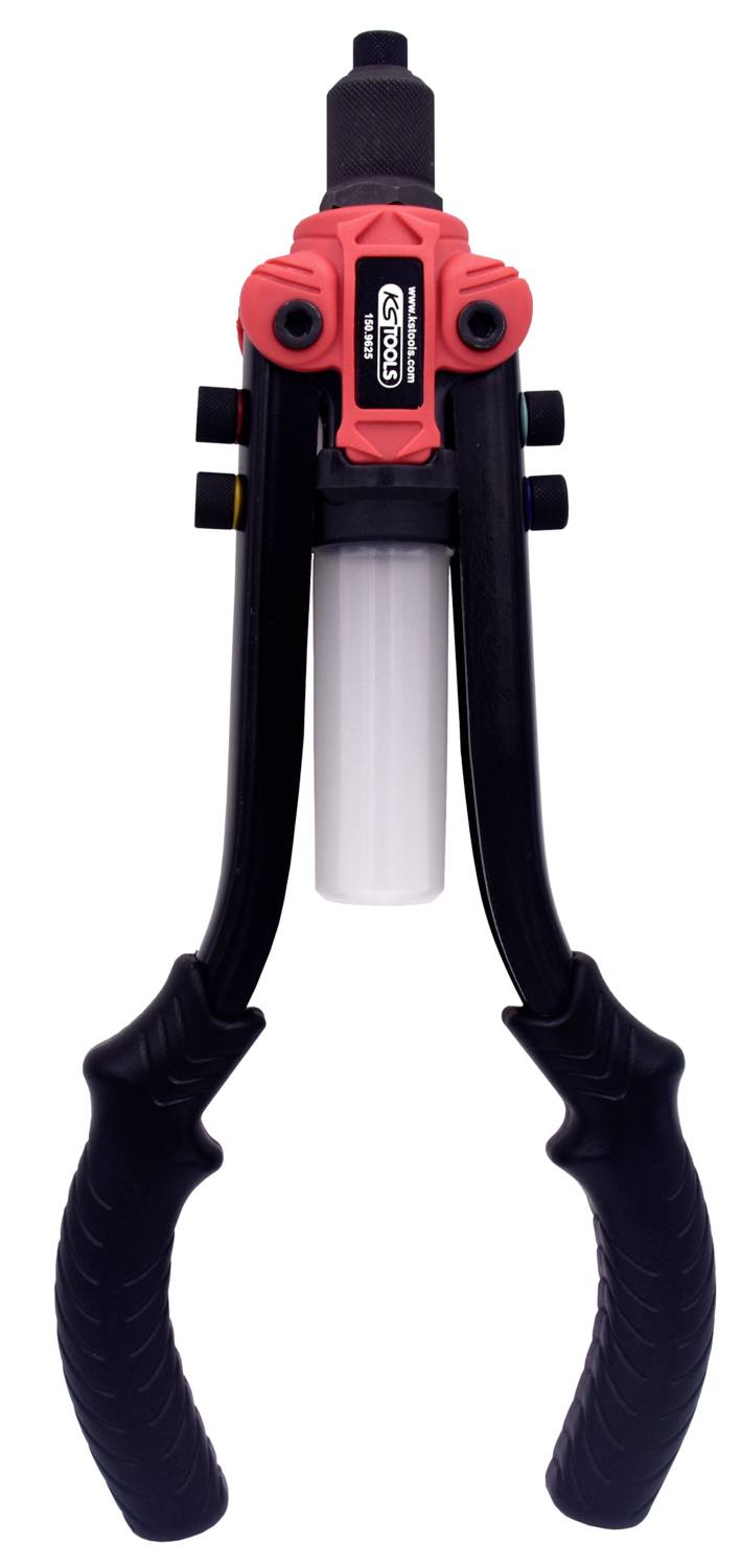 Eine rote und schwarze Nietzange mit ergonomischen Griffen, benutzt zum Befestigen von Materialien.