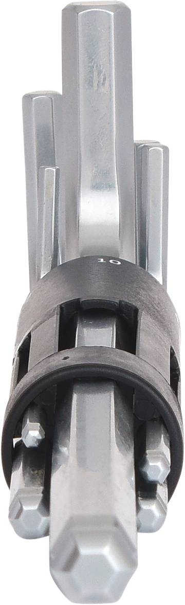 Sechskantschlüsselsatz, mehrere Größen, in einem schwarzen Halter organisiert.