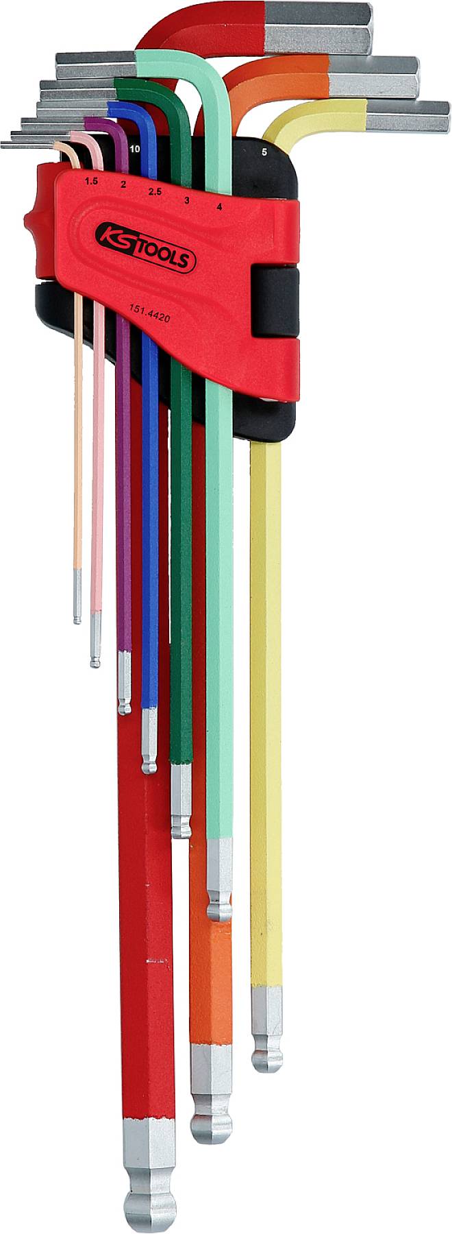 Ein Set von bunten Sechskantschlüsseln in einem roten Halter, von klein bis groß sortiert.