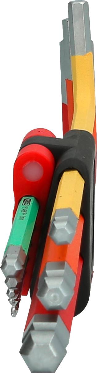 Sechskantschlüssel-Set in verschiedenen Farben und Größen, zusammengehalten durch einen schwarzen Clip, aufrecht stehend.