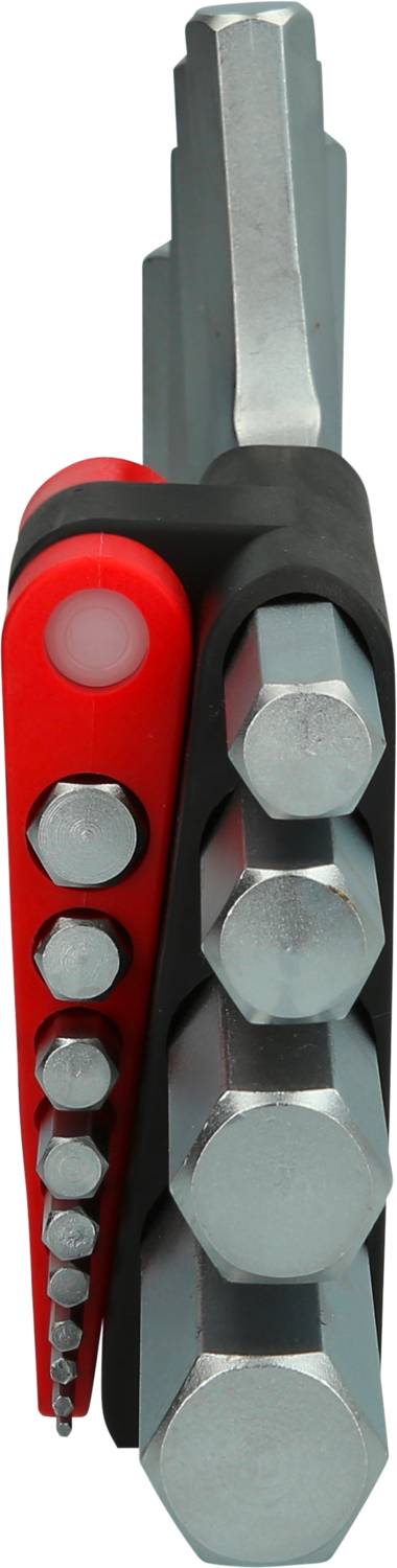 Ein Satz verschieden großer Inbusschlüssel, in einem schwarzen und roten Halter angeordnet.