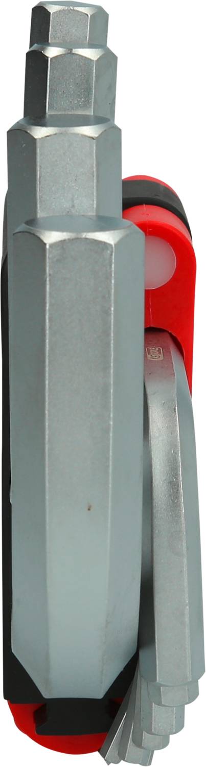 Ein rotes, klappbares Werkzeug mit mehreren Schraubendrehern in unterschiedlichen Größen und Formen.