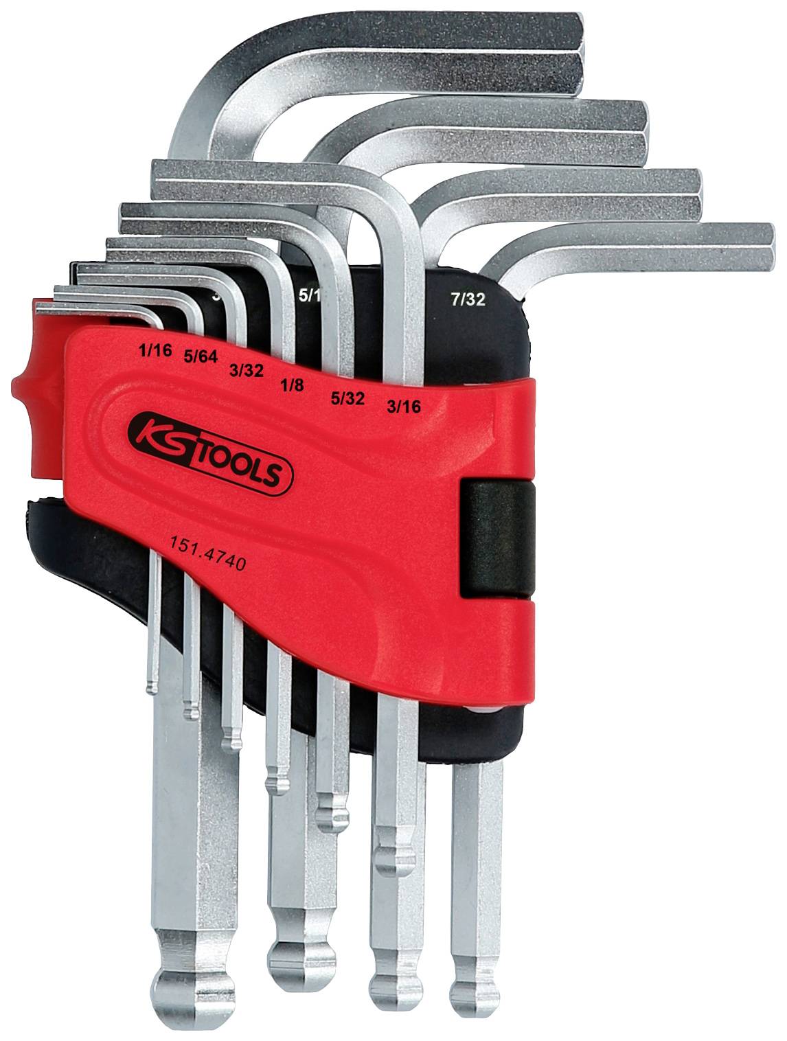 Ein Satz Sechskantschlüssel in verschiedenen Größen, geordnet und in einem roten Halter von KS Tools befestigt.