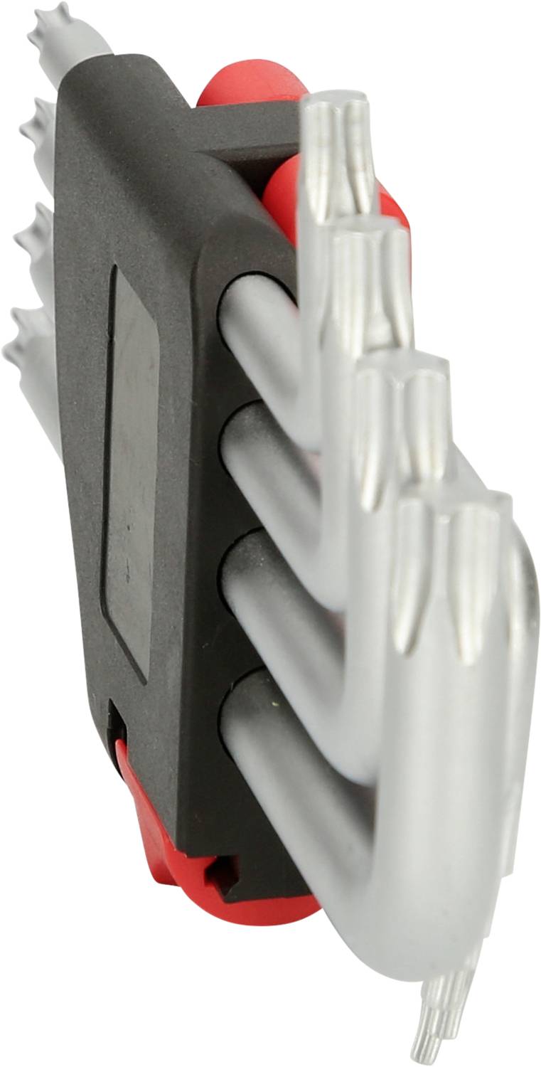 Ein Set von Torx-Schlüsseln in verschiedenen Größen, in einem schwarzen und roten Halter organisiert.