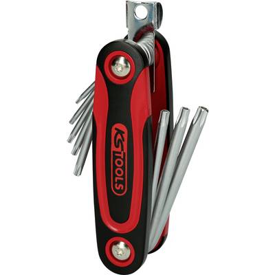 Ein rot-schwarzes Multifunktionswerkzeug mit verschiedenen Schraubendreheraufsätzen in einem zusammenklappbaren Design.