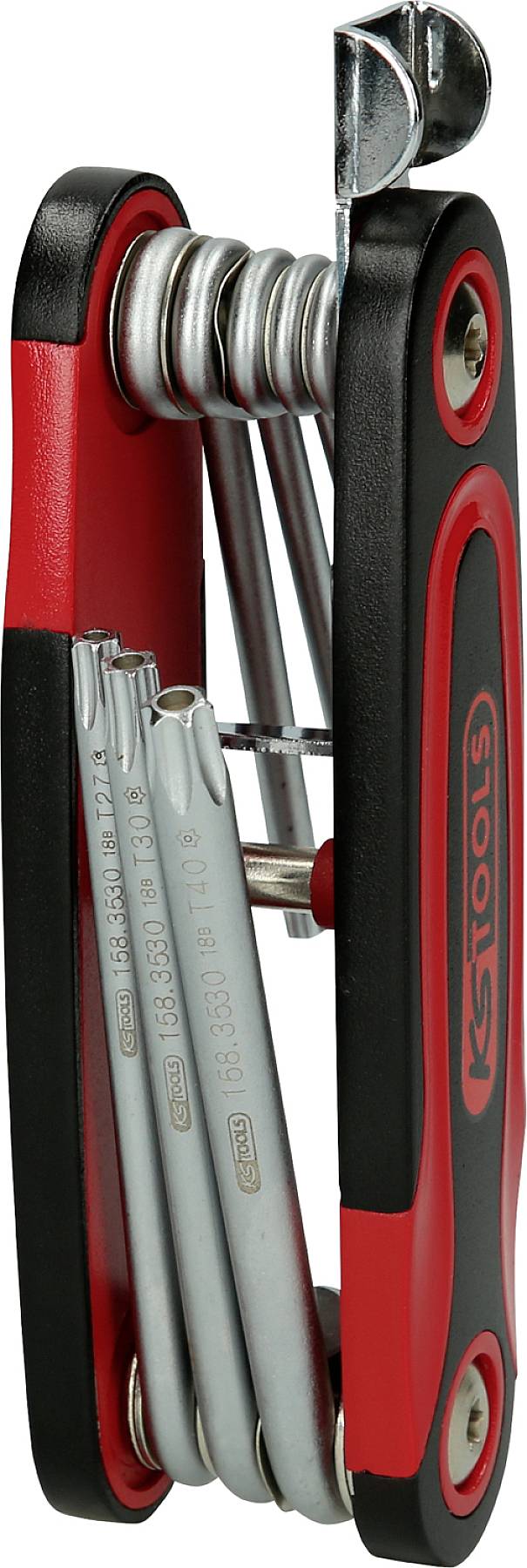 Ein multifunktionales Werkzeug mit mehreren Sechskantschlüsseln, rot-schwarzer Griff. Ideal für Reparatur- oder Montagearbeiten.