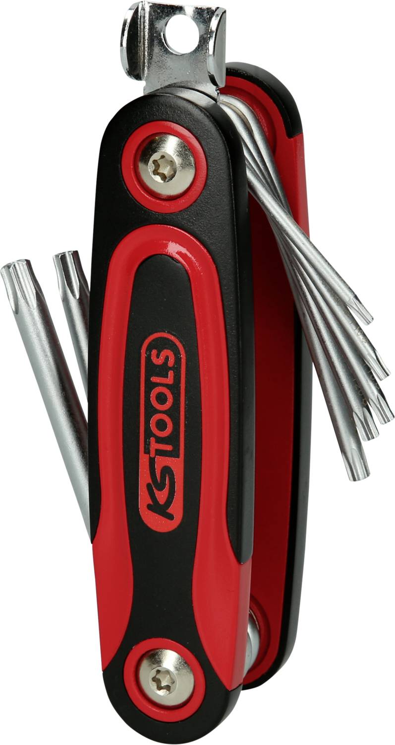 Mehrfach-Inbusschlüssel-Set mit rotem und schwarzem Griff, enthält verschiedene Inbusschlüssel in einem kompakten Klappdesign.