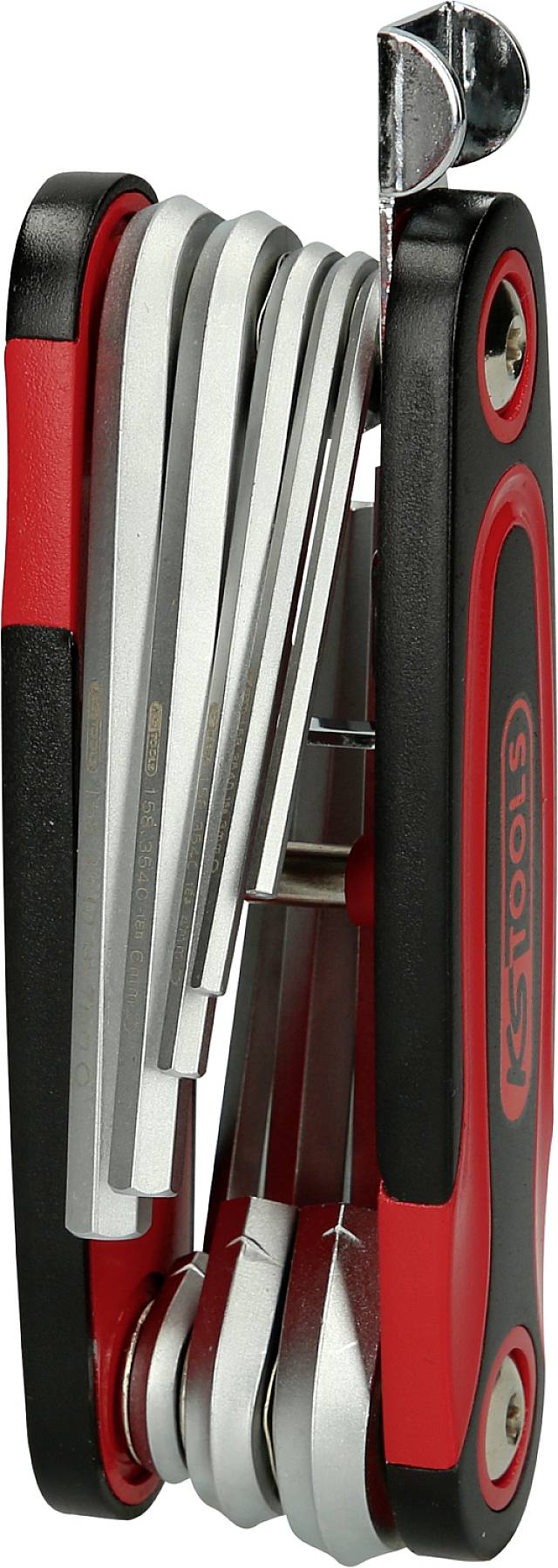 Ein Klappwerkzeug mit mehreren silbernen Metallhebeln und roten Griffen, geeignet für verschiedene Handwerksaufgaben.