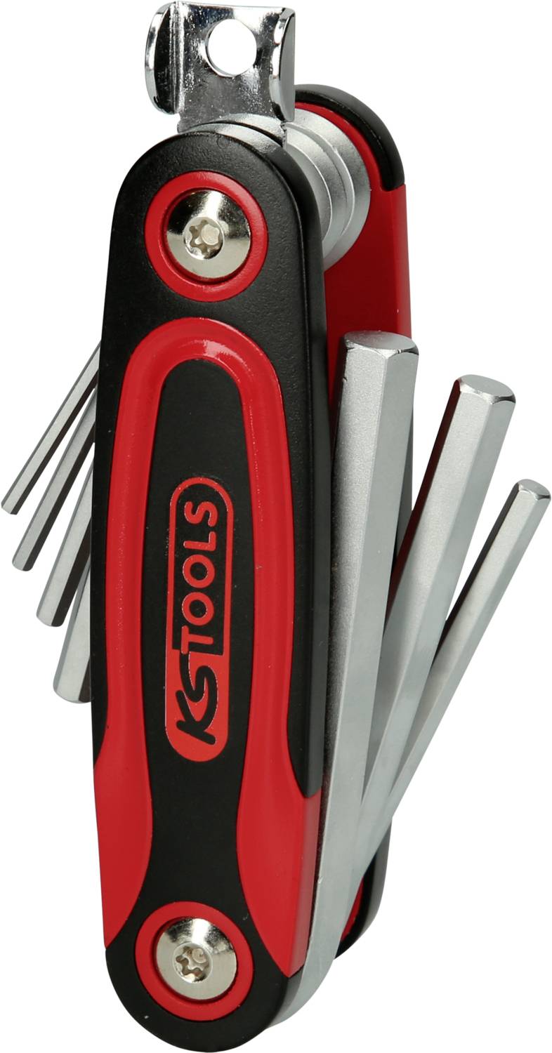 Ein Klappwerkzeug mit mehreren Inbusschlüsseln und roter, schwarzer Griffbeschichtung. Ideal zum vielseitigen Einsatz bei Reparaturen.