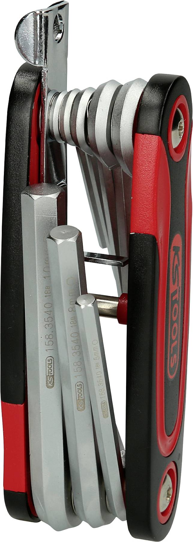 Ein Satz von Inbusschlüsseln in einem kompakten, klappbaren Halter. Der Halter ist schwarz und rot, mit der Marke aufgedruckt.