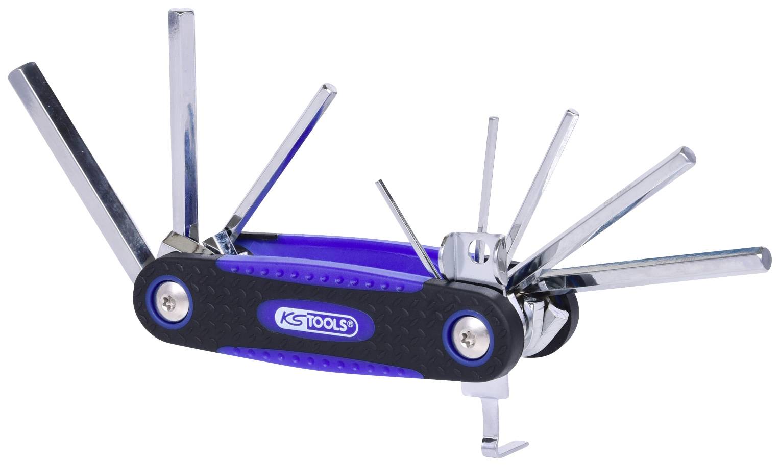 Ein blaues Multifunktionswerkzeug mit mehreren ausklappbaren Schraubendrehern und Inbusschlüsseln der Marke 'KS Tools'.