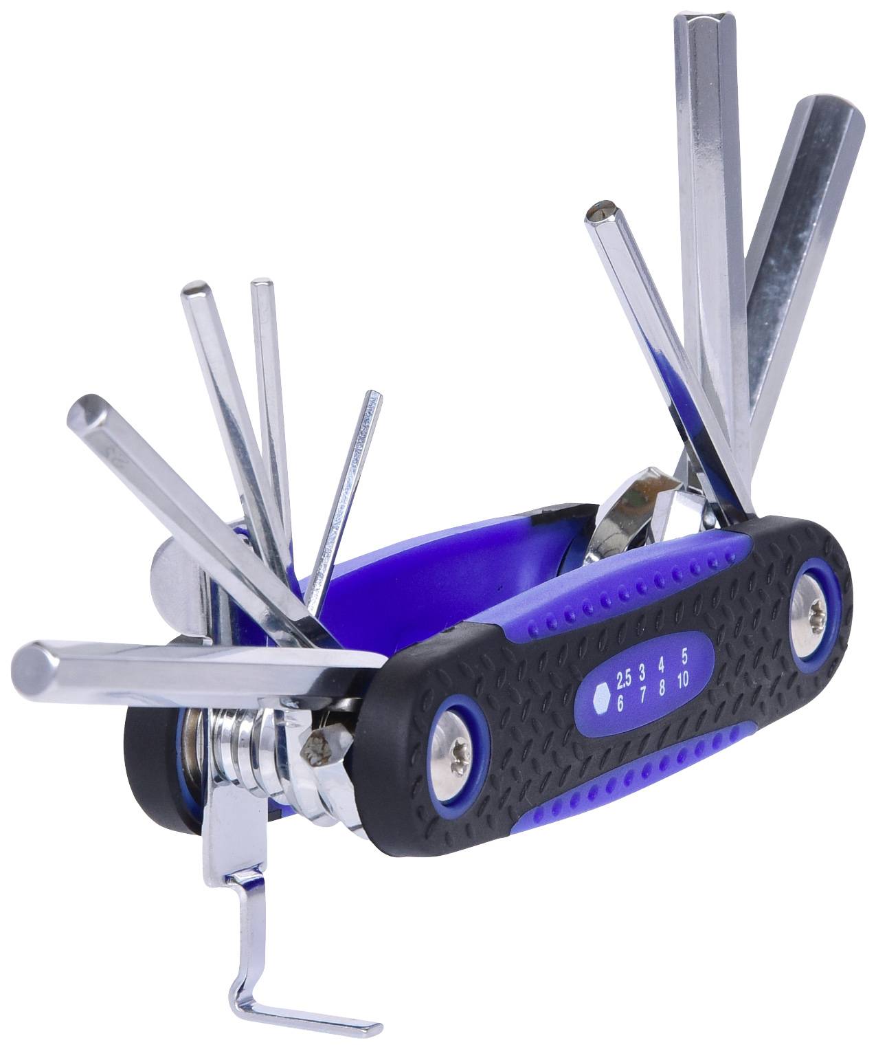 Ein blau-schwarzes Multitool mit mehreren Inbusschlüsseln in verschiedenen Größen, geöffnet und einsatzbereit.