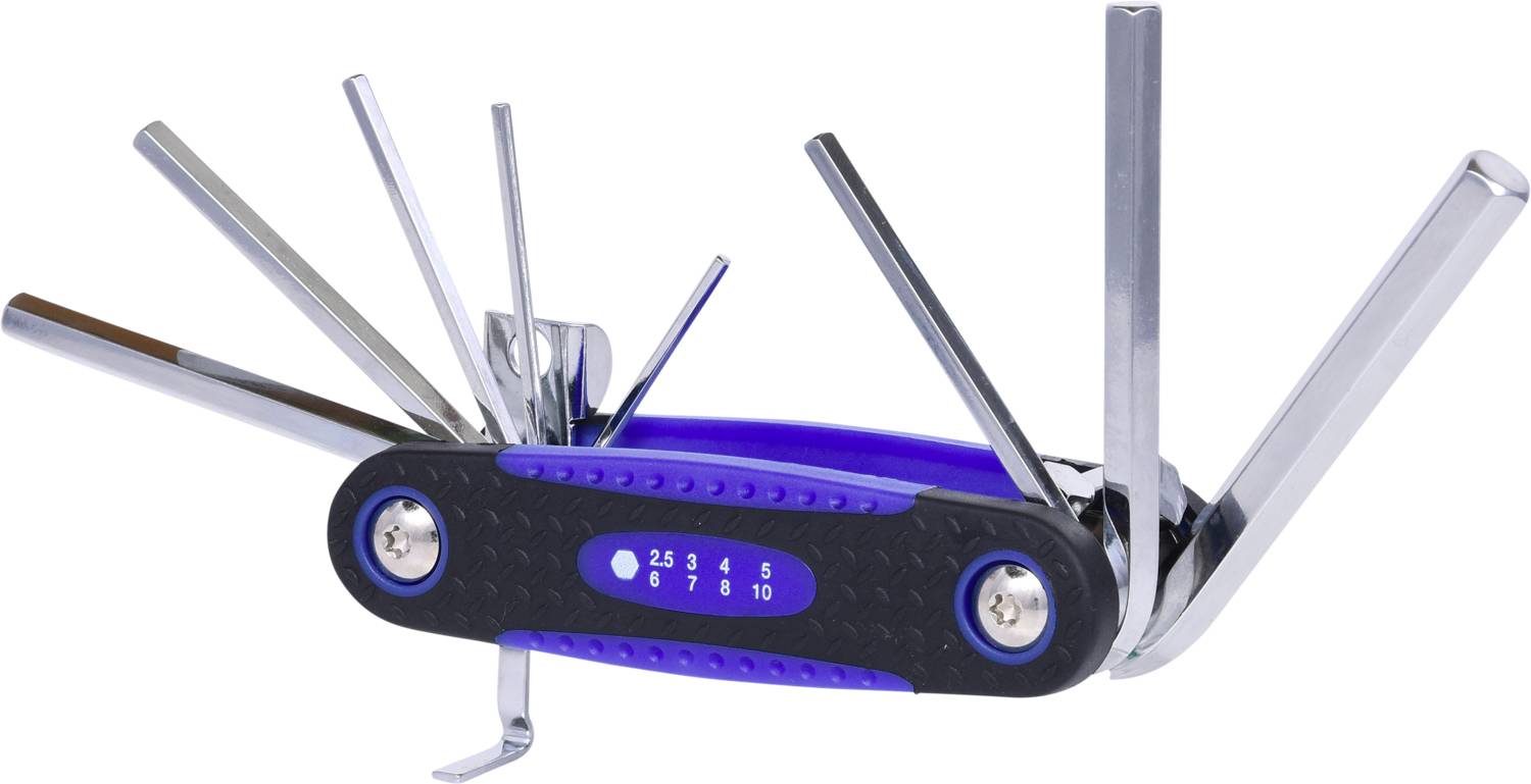 Faltbares Multifunktionswerkzeug mit verschiedenen Innensechskantschlüsseln in verschiedenen Größen, aus Metall mit einem blauen Griff.