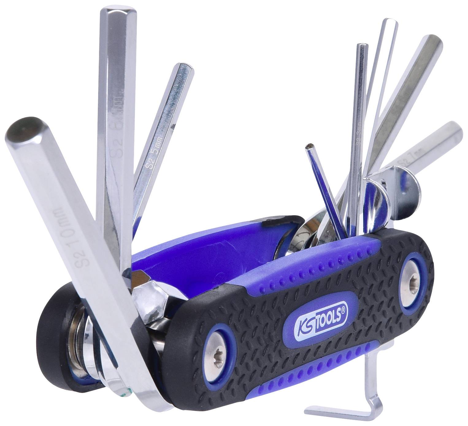 Multifunktionales Werkzeugset mit verschiedenen Sechskantschlüsseln und Schraubendrehern in einem kompakten, faltbaren Design.