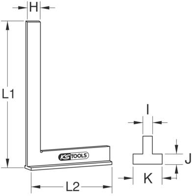 Technische Zeichnung eines Winkels mit den Maßen H, L1, L2, I, J, K, einschließlich der KS Tools-Logo.
