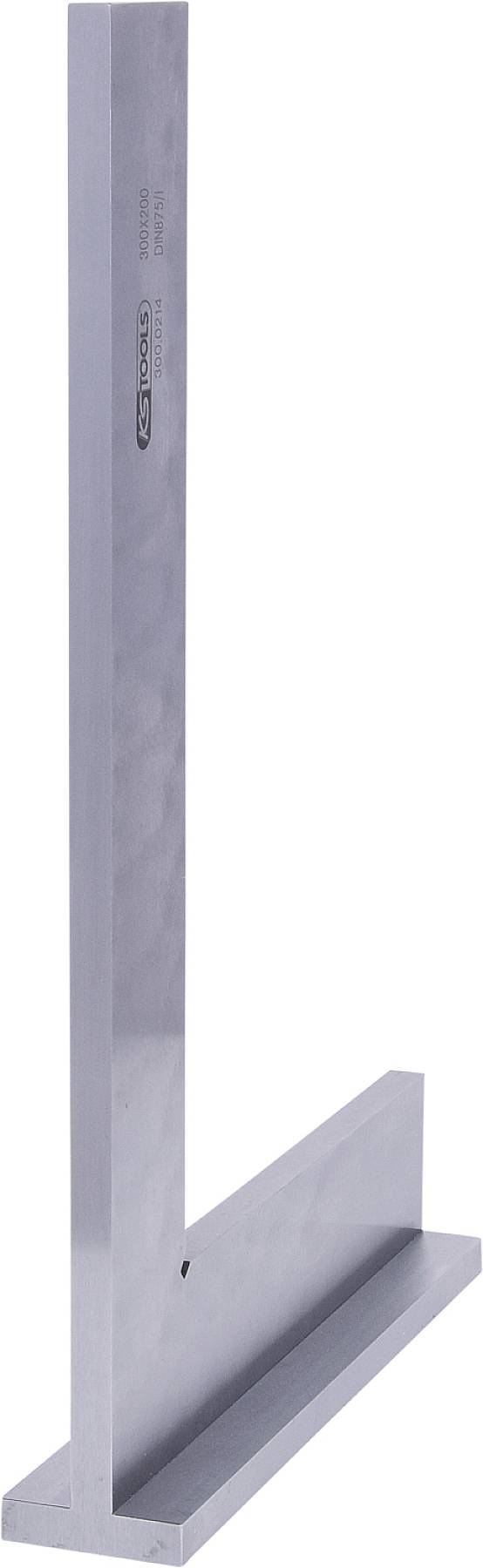 Ein Metallwinkel wird aufrecht stehend gezeigt. Das Werkzeug besteht aus zwei rechtwinklig verbundenen, flachen Metallteilen.