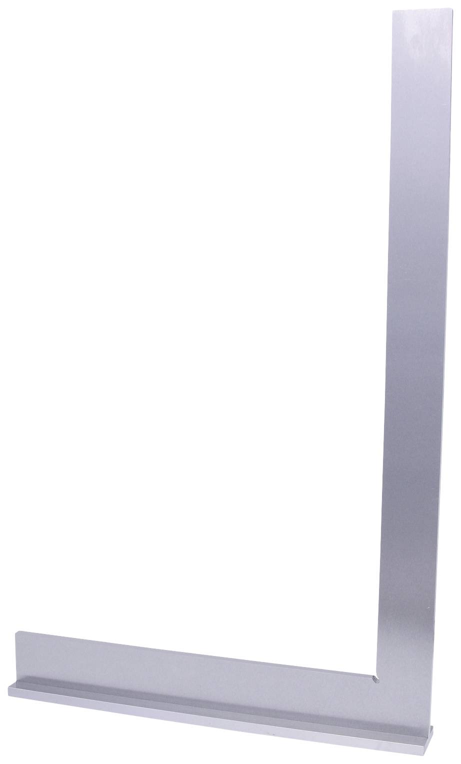 Grauer Zimmermannswinkel in L-Form aus Metall mit rechtwinkligem Design, zum Messen und Anreißen von rechten Winkeln in der Holzbearbeitung.