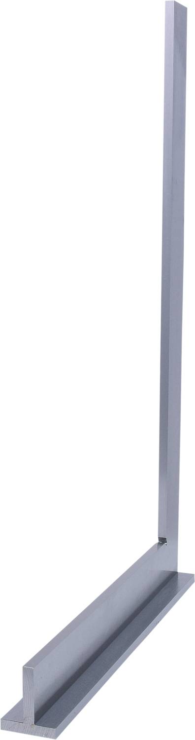 Ein silbernes Metallwinkelmaß, aufrecht stehend, mit einer L-förmigen Struktur. Ideal zum Messen oder Ausrichten rechtwinkliger Ecken.
