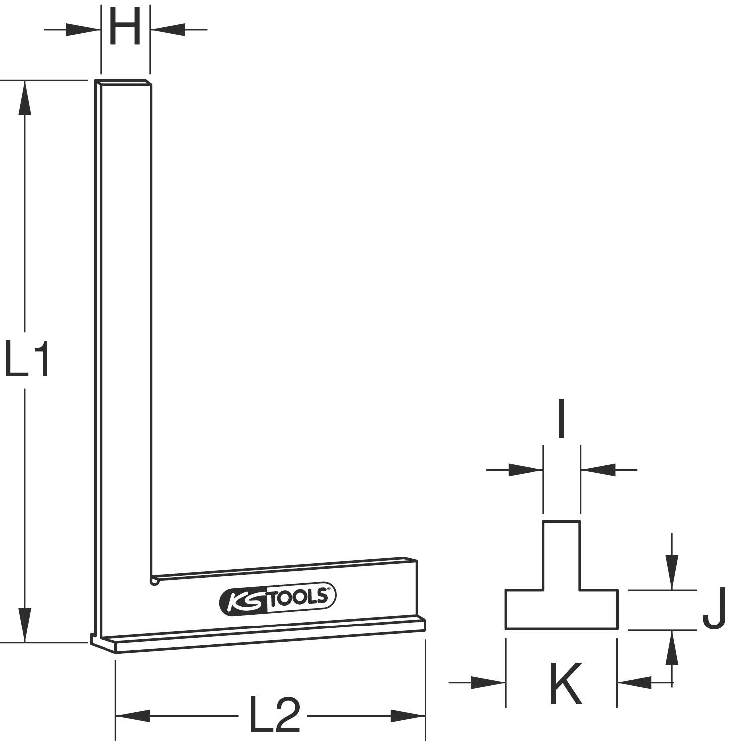'Winkelmesser' von KS Tools zeigt technische Zeichnung mit Maßen: L1, L2, H, I, J, K. Form eines rechten Winkels.