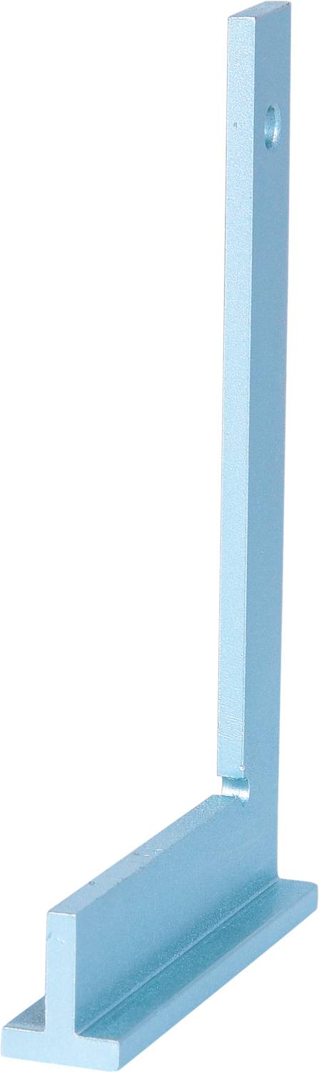 Metallischer Halter mit T-Form, senkrecht stehend, hellblau lackiert. Oben mit einem Loch zur Befestigung.