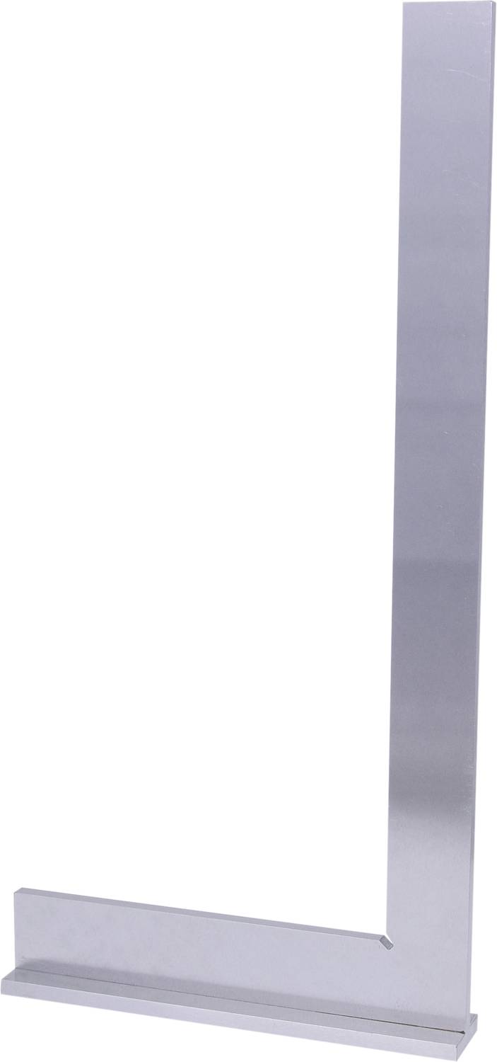 Ein großes, rechteckiges Metallwinkelmaß mit einer kurzen horizontalen Basis und einem langen vertikalen Schenkel, verwendet für rechtwinklige Messungen.