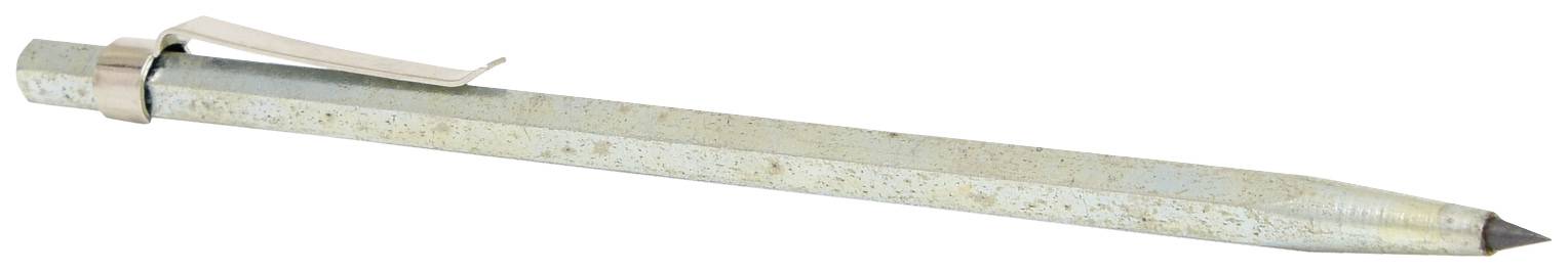 Ein metallischer Kugelschreiber mit Clip liegt diagonal.