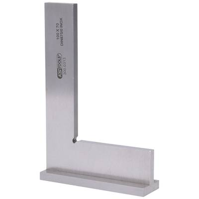 Stahldreieck mit der Aufschrift '100 x 70 DIN875/0 INOX'. Es hat einen rechtwinkligen Messwinkel, genutzt für Präzisionsmessungen.
