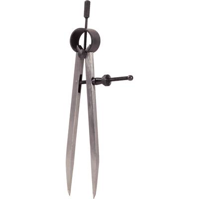 Ein metallener Zirkel mit spitzen Enden zum Zeichnen von Kreisen, aufrecht stehend.