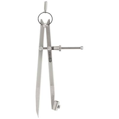 Ein silberner Metallzirkel mit Einstellrädchen und feinen Spitzen liegt auf weißem Hintergrund; er dient zum Zeichnen von Kreisen.